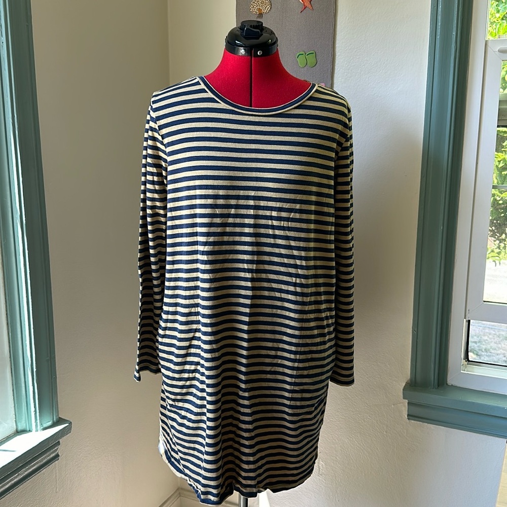 Toad&Co Blue and Mustard Yellow Stripe Organic Cotton Long Sleeve Dress